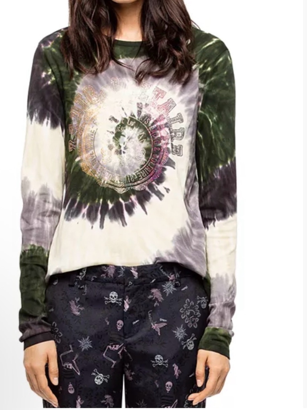 Zadig & Voltaire Willy Rhinestone Tie Dye Long Sleeve T-Shirt Size s